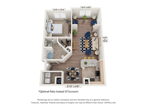 Floor plan for 1 bed, 1 bath, 876 sqft
